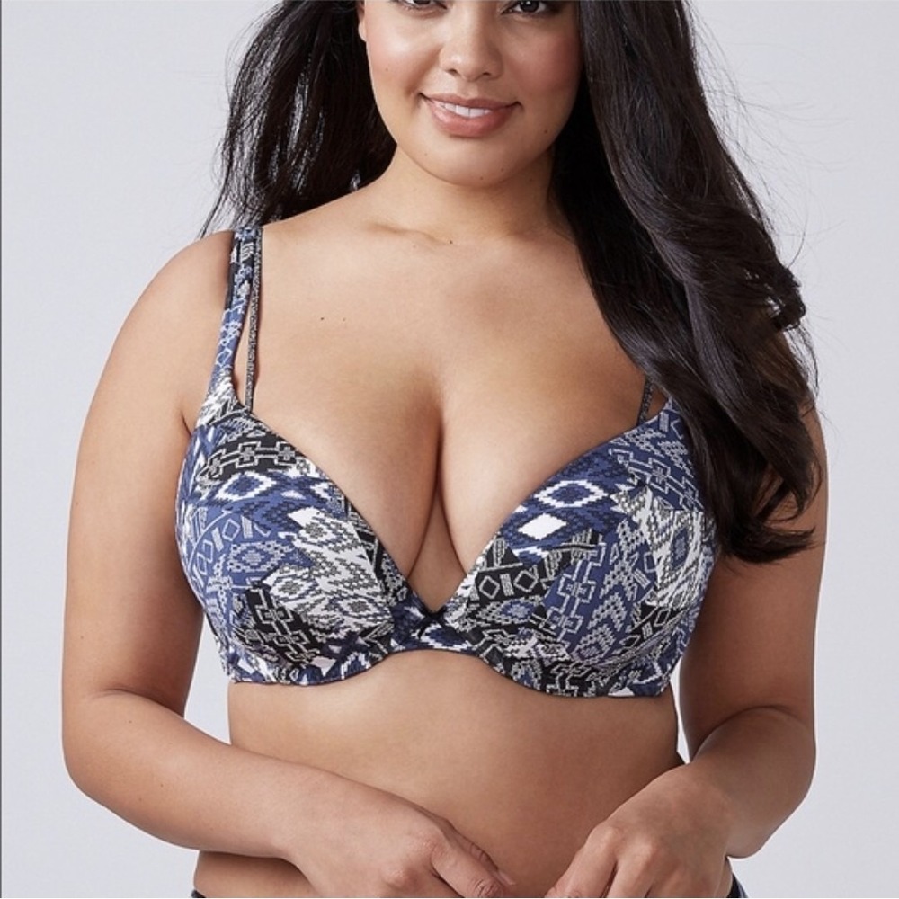 Cacique Plunge Bra 44D Navy Tribal Print Padded Underwire Full Coverage